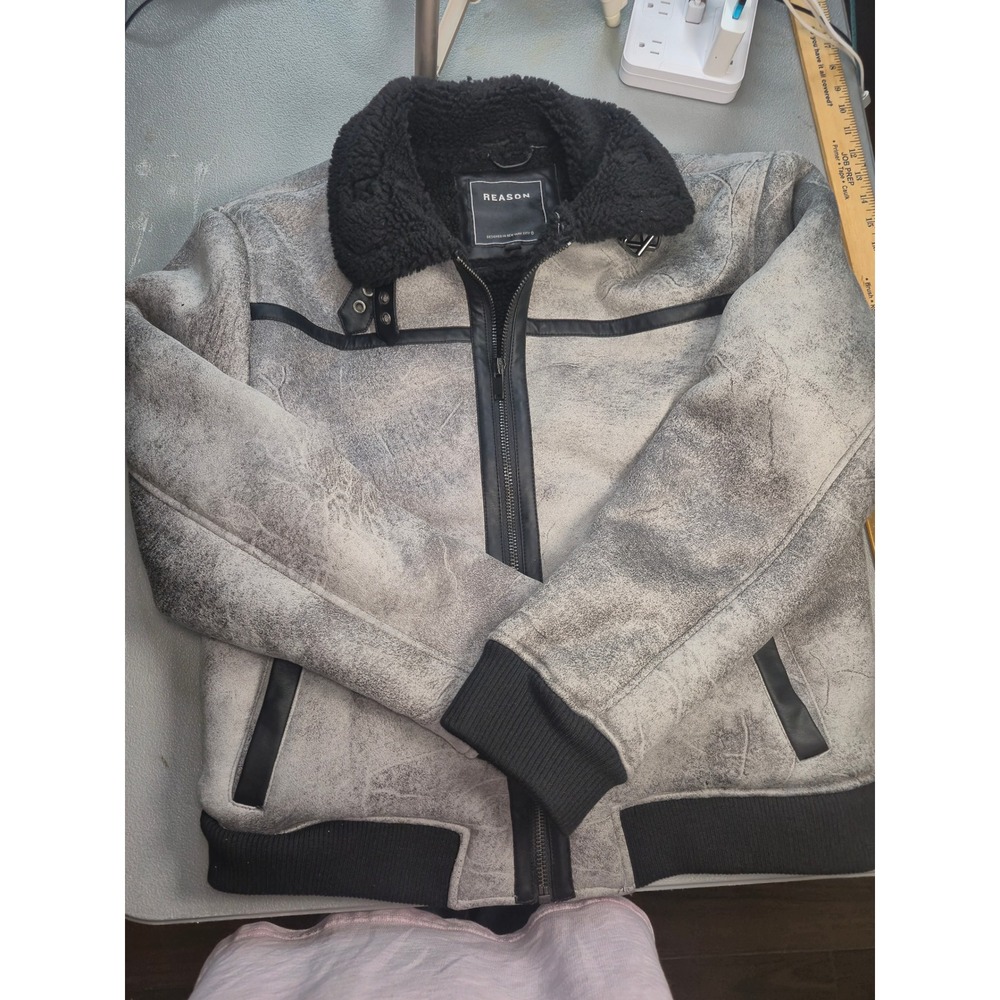 Reason Mens Distressed Grey Faux Suede Sherpa Lined Aviator Bomber Jacket Large